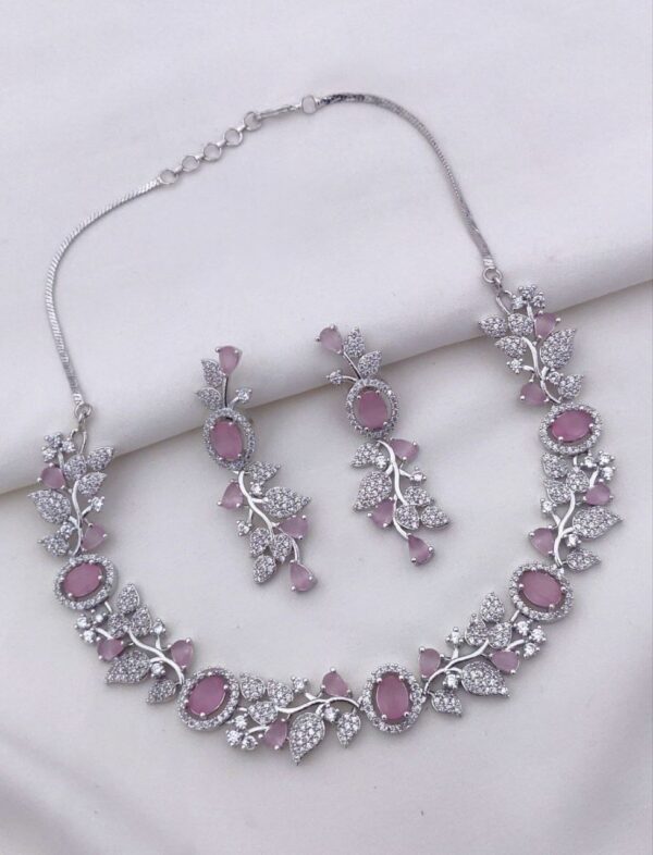 Floral Vine American Diamond Necklace Set with Oval Stones – Pink