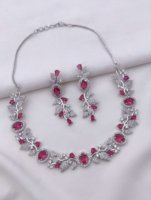 Floral Vine American Diamond Necklace Set with Oval Stones – Red