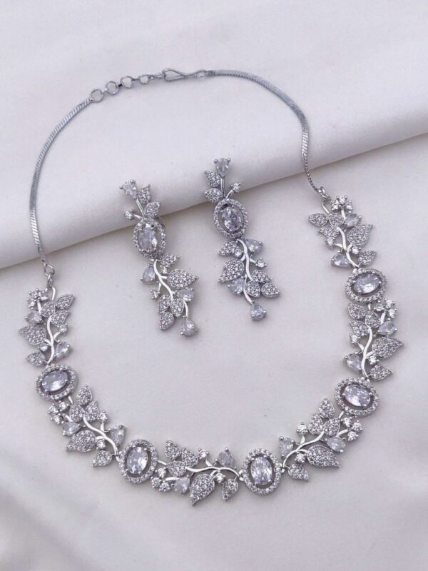 Floral Vine American Diamond Necklace Set with Oval Stones – White