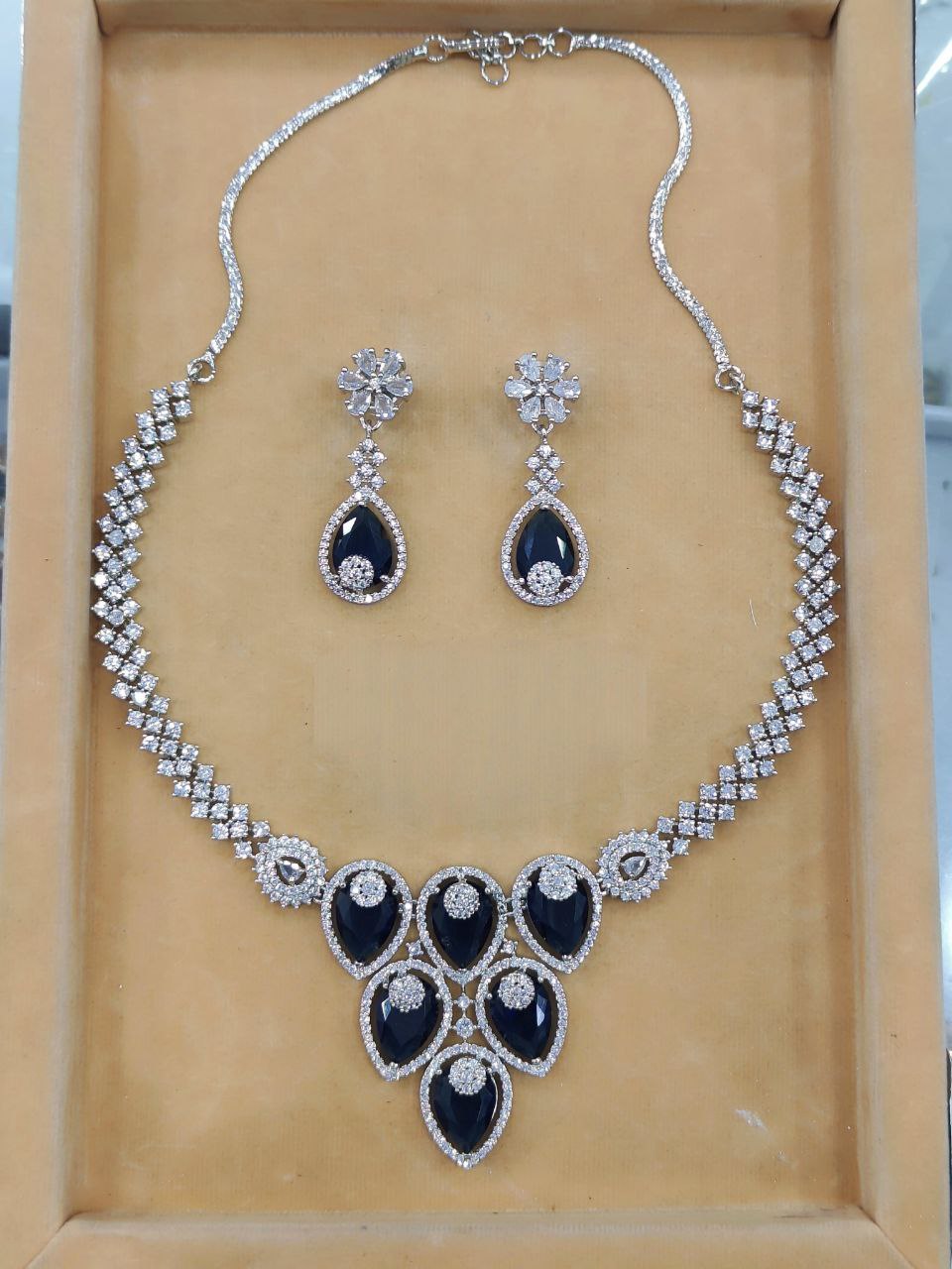 Graceful Teardrop Stone American Diamond Necklace Set with Earrings – Blue
