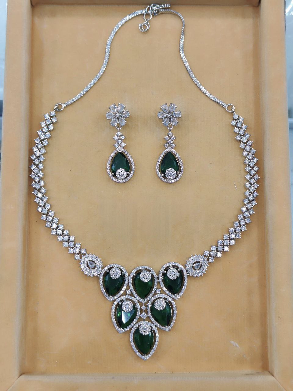Graceful Teardrop Stone American Diamond Necklace Set with Earrings – Green