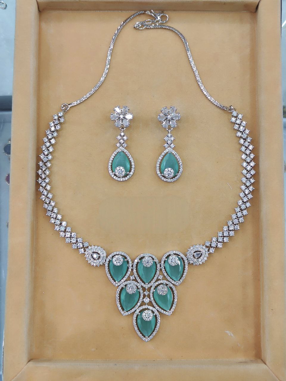 Graceful Teardrop Stone American Diamond Necklace Set with Earrings – Mint