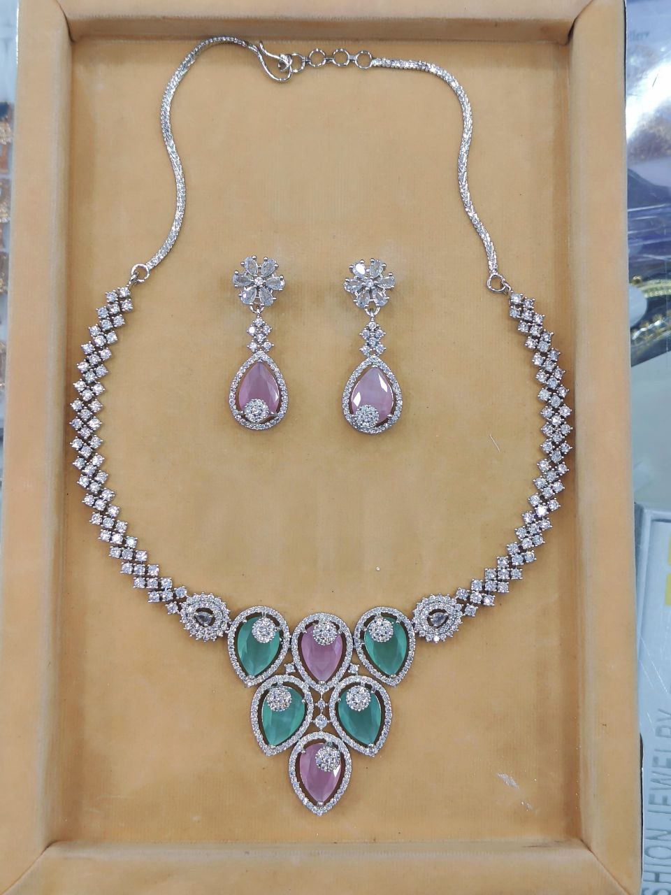 Graceful Teardrop Stone American Diamond Necklace Set with Earrings – Pink Mint