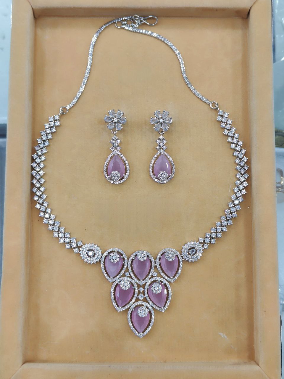 Graceful Teardrop Stone American Diamond Necklace Set with Earrings – Pink