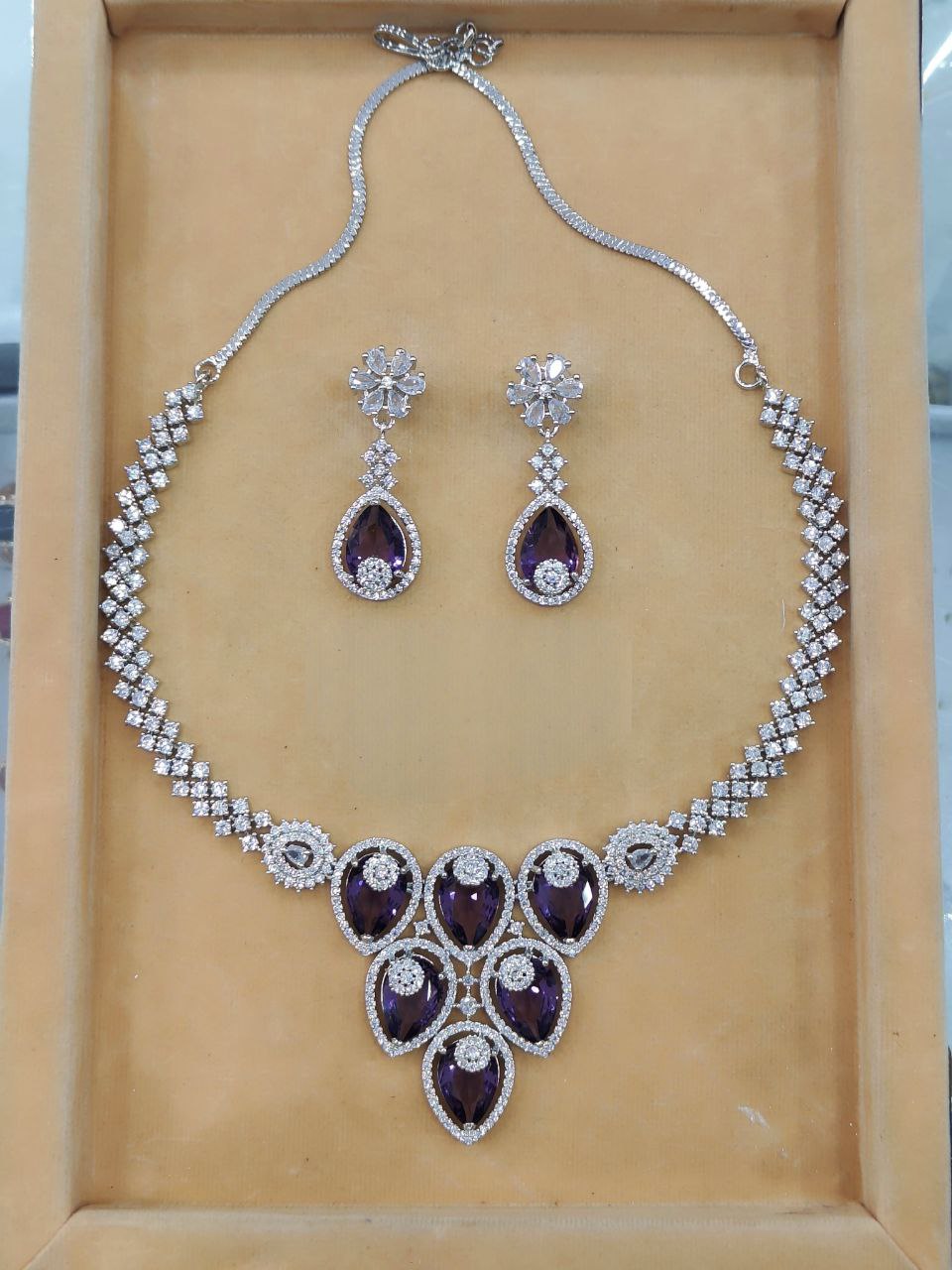 Graceful Teardrop Stone American Diamond Necklace Set with Earrings – Purple
