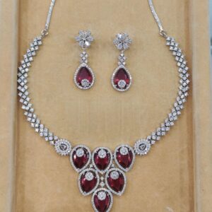 Graceful Teardrop Stone American Diamond Necklace Set with Earrings – Red