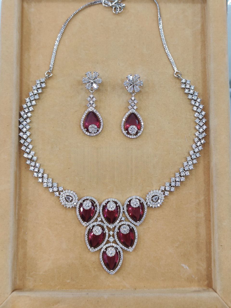 Graceful Teardrop Stone American Diamond Necklace Set with Earrings – Red