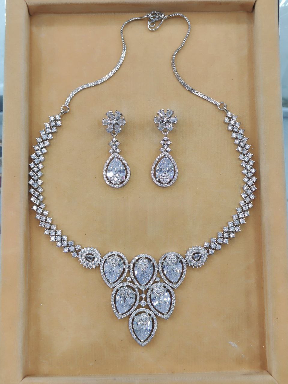 Graceful Teardrop Stone American Diamond Necklace Set with Earrings – White