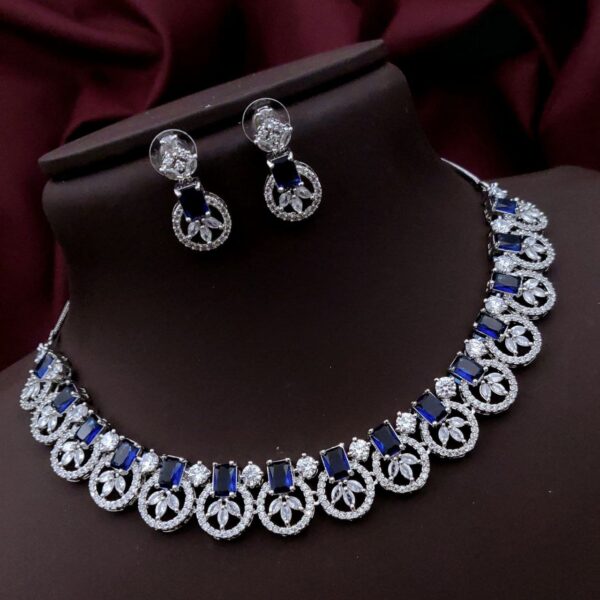 Luxurious American Diamond Necklace Set with Rectangular Stones & Floral Motif – Blue