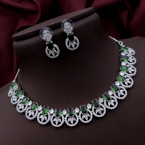 Luxurious American Diamond Necklace Set with Rectangular Stones & Floral Motif – Green