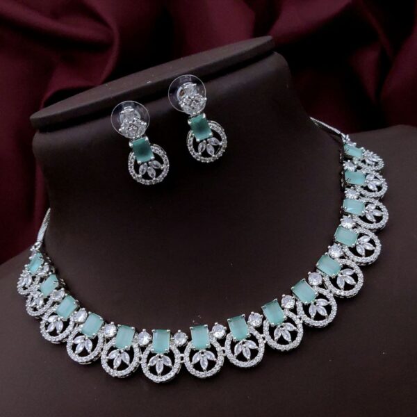 Luxurious American Diamond Necklace Set with Rectangular Stones & Floral Motif – Mint Green