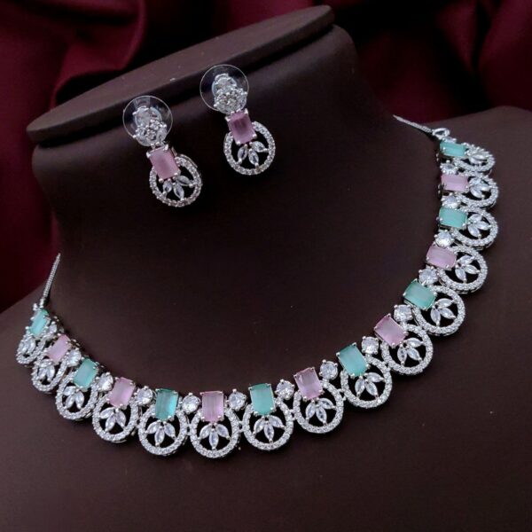 Luxurious American Diamond Necklace Set with Rectangular Stones & Floral Motif – Mint Pink