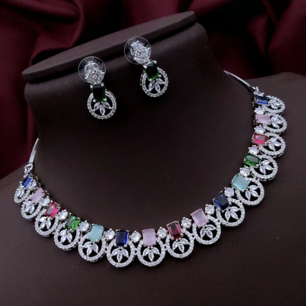 Luxurious American Diamond Necklace Set with Rectangular Stones & Floral Motif – Multicolor