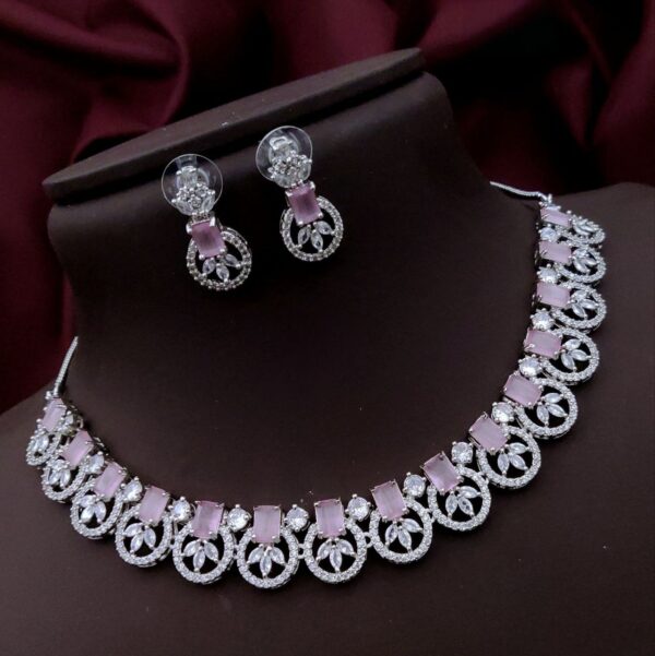 Luxurious American Diamond Necklace Set with Rectangular Stones & Floral Motif – Pink