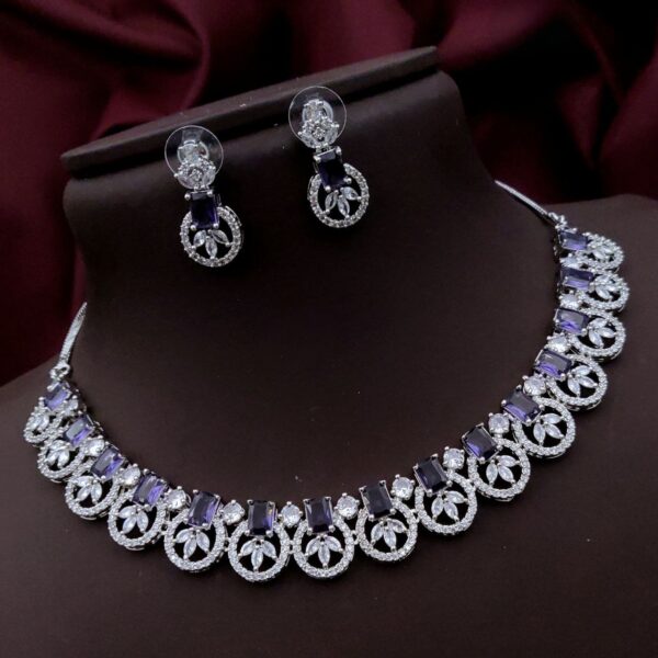 Luxurious American Diamond Necklace Set with Rectangular Stones & Floral Motif – Purple