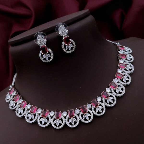 Luxurious American Diamond Necklace Set with Rectangular Stones & Floral Motif – Red