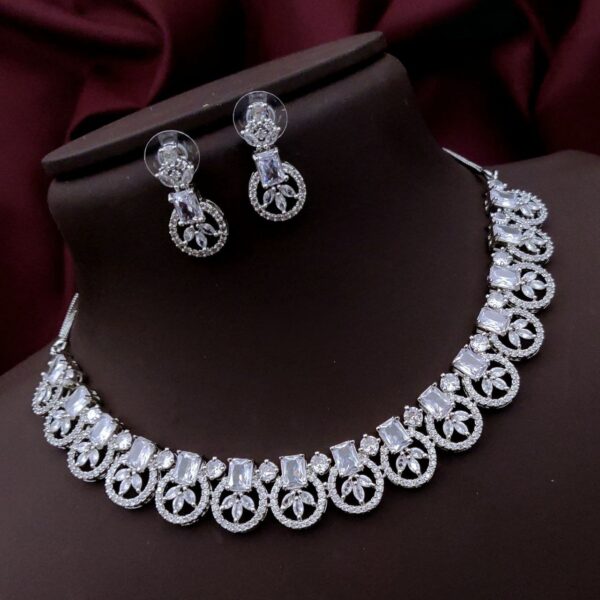 Luxurious American Diamond Necklace Set with Rectangular Stones & Floral Motif – White