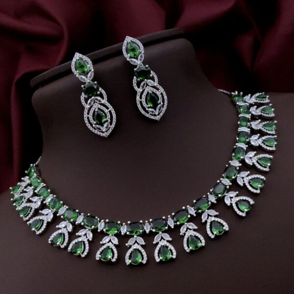 Luxury AD Stone Necklace Set with Designer Drop Earrings – Bridal & Party Wear - Green