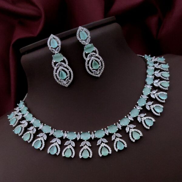 Luxury AD Stone Necklace Set with Designer Drop Earrings – Bridal & Party Wear - Mint Green