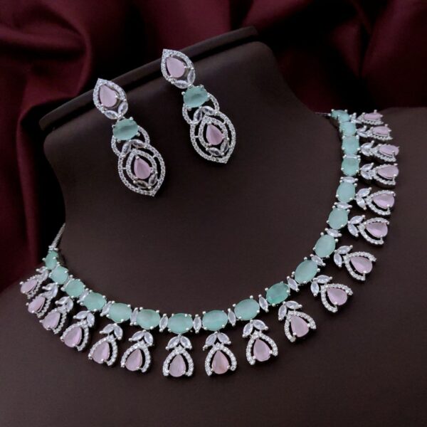 Luxury AD Stone Necklace Set with Designer Drop Earrings – Bridal & Party Wear - Mint Pink