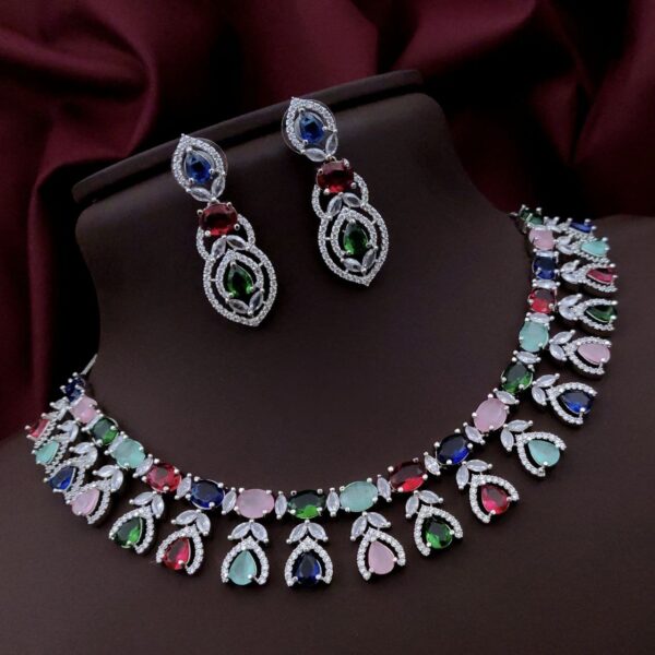 Luxury AD Stone Necklace Set with Designer Drop Earrings – Bridal & Party Wear - Multicolor