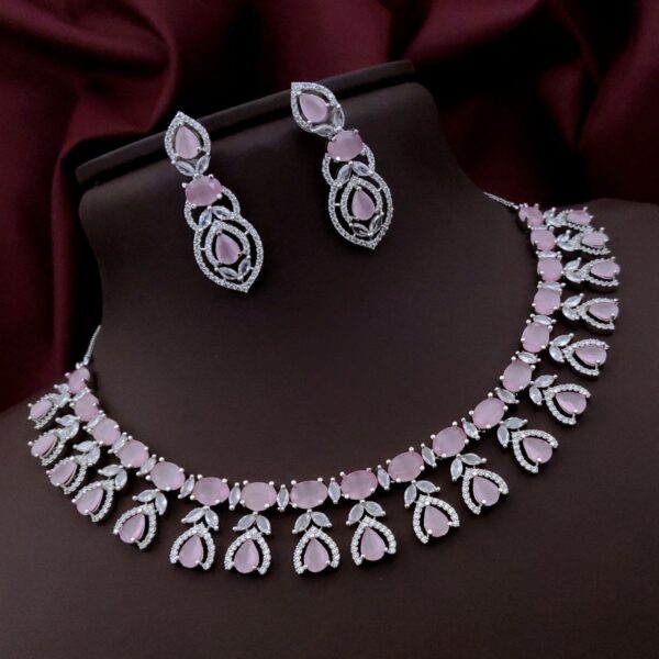 Luxury AD Stone Necklace Set with Designer Drop Earrings – Bridal & Party Wear - Pink