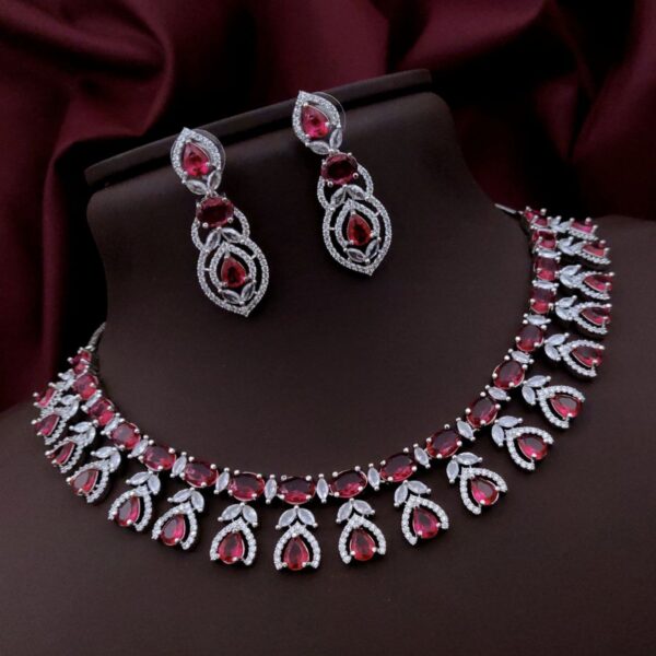 Luxury AD Stone Necklace Set with Designer Drop Earrings – Bridal & Party Wear - Red