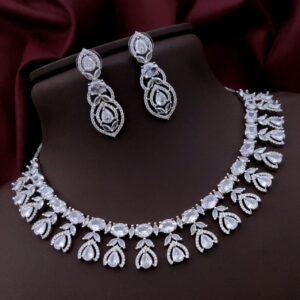 Luxury AD Stone Necklace Set with Designer Drop Earrings – Bridal & Party Wear - White