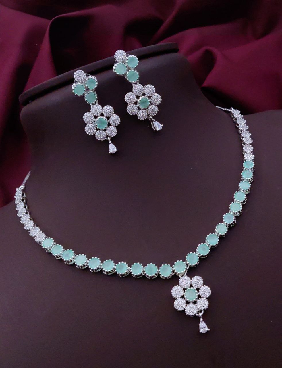 Mint Green Floral Pendant AD Necklace Set – Elegant Sparkle with Classic Detailing