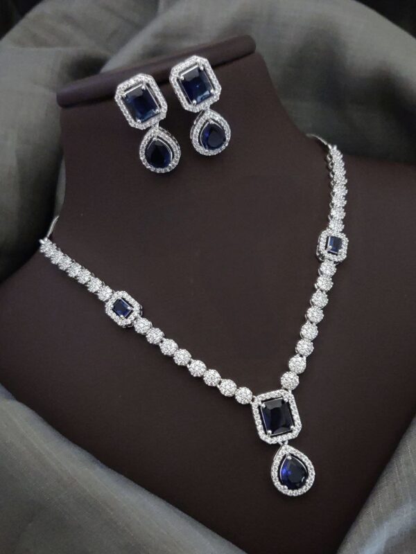 Premium American Diamond Necklace Set with Pear Drop Stone – Blue