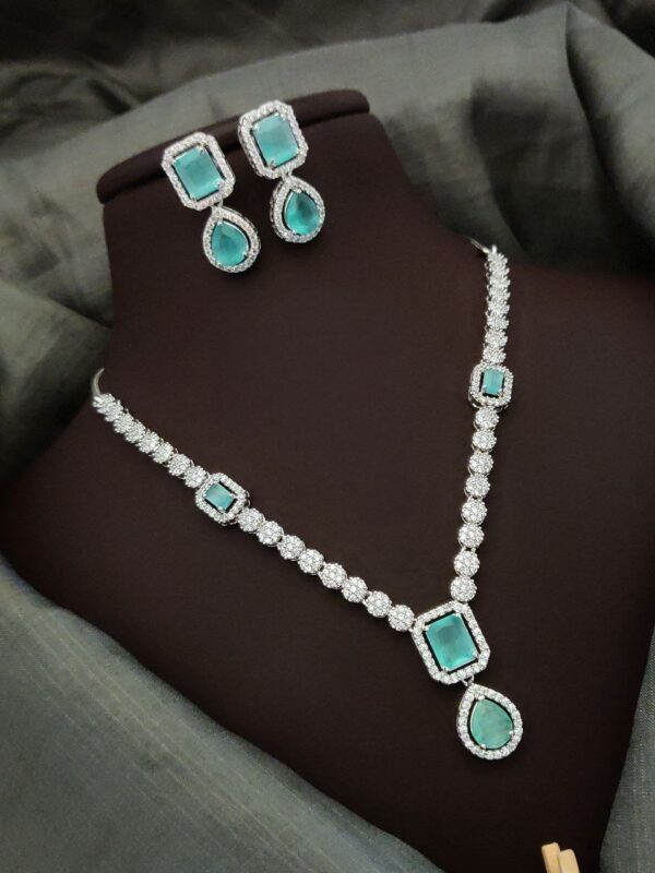 Premium American Diamond Necklace Set with Pear Drop Stone – Mint Green