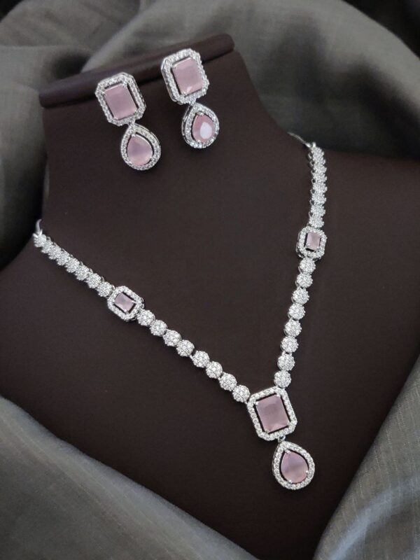 Premium American Diamond Necklace Set with Pear Drop Stone – Pink