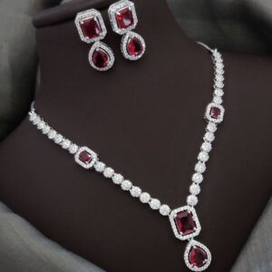 Premium American Diamond Necklace Set with Pear Drop Stone – Red