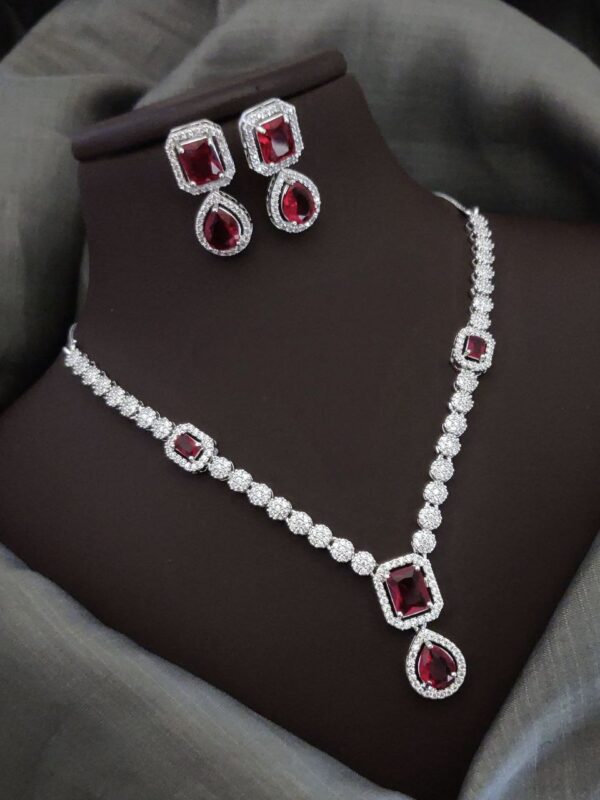 Premium American Diamond Necklace Set with Pear Drop Stone – Red