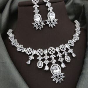 Premium Diamond Look Bridal Necklace Set – Sparkling AD Stones with Matching Earrings - White