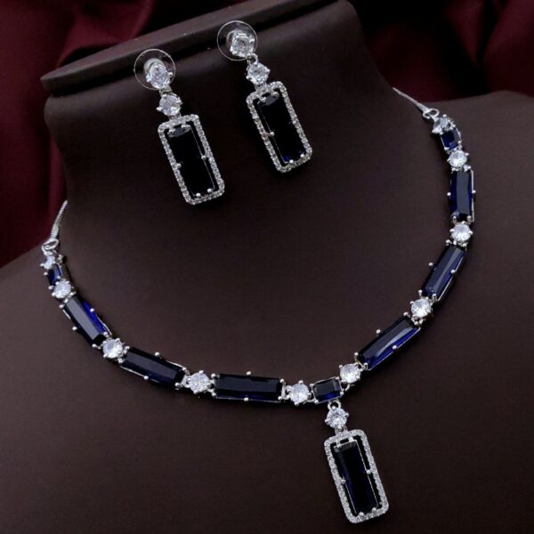 Premium Rectangle Stone Necklace Set with AD Border – Blue