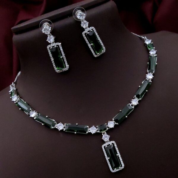 Premium Rectangle Stone Necklace Set with AD Border – Green