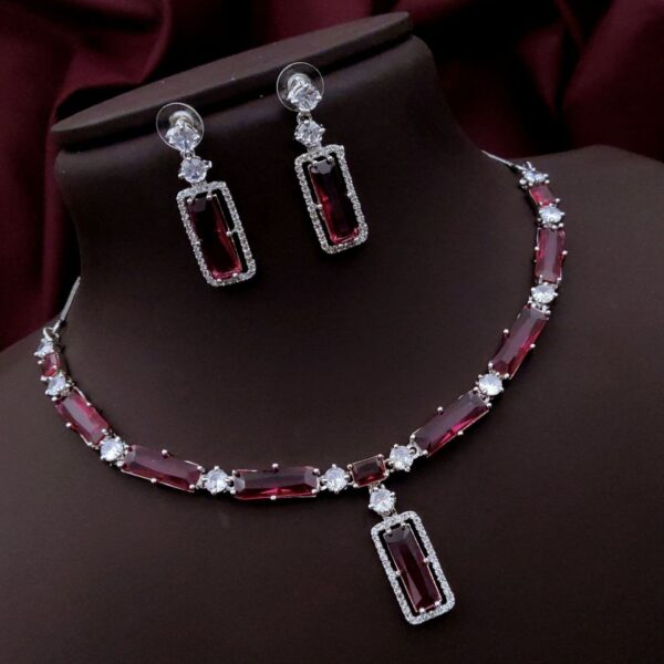 Premium Rectangle Stone Necklace Set with AD Border – Maroon