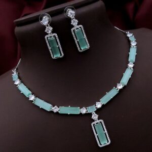 Premium Rectangle Stone Necklace Set with AD Border – Mint Green