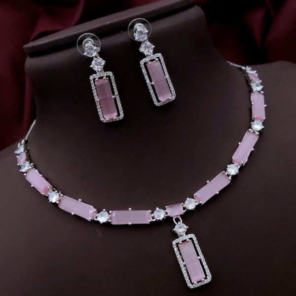 Premium Rectangle Stone Necklace Set with AD Border – Pink