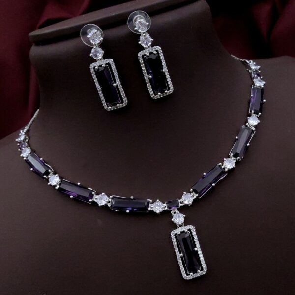 Premium Rectangle Stone Necklace Set with AD Border – Purple
