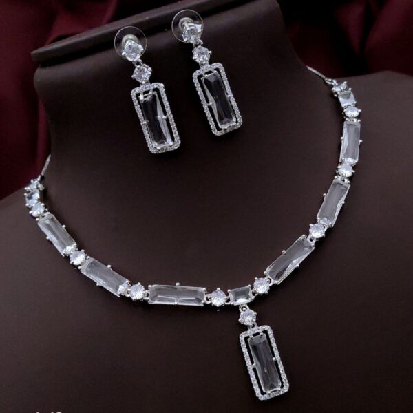 Premium Rectangle Stone Necklace Set with AD Border – White
