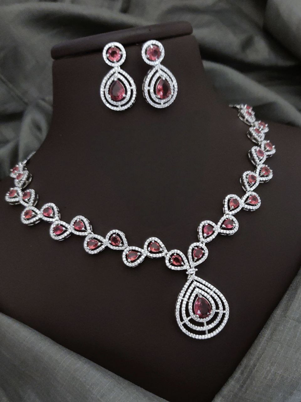 Premium Teardrop Necklace Set with Matching Earrings - Ruby Red
