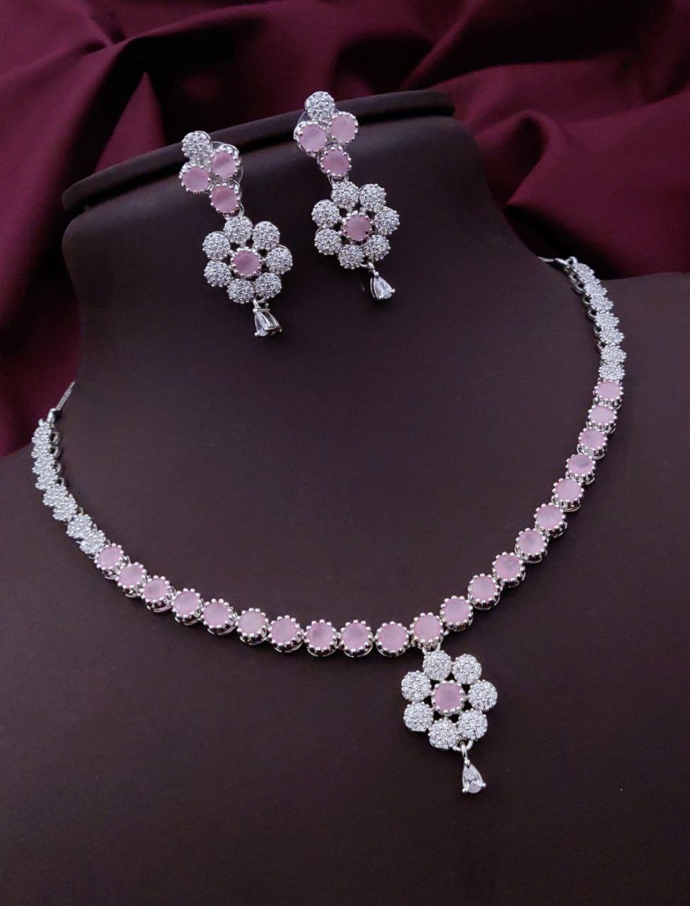 Rose Pink Floral Pendant AD Necklace Set – Elegant Sparkle with Classic Detailing
