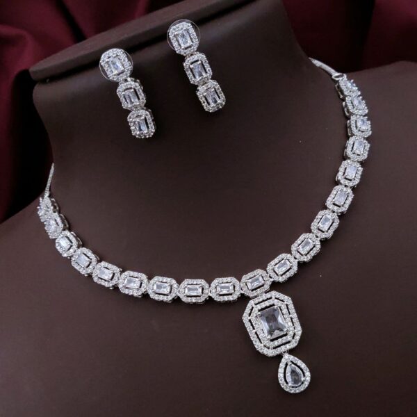 Royal AD Necklace Set with Double Halo Pendant – Crystal White