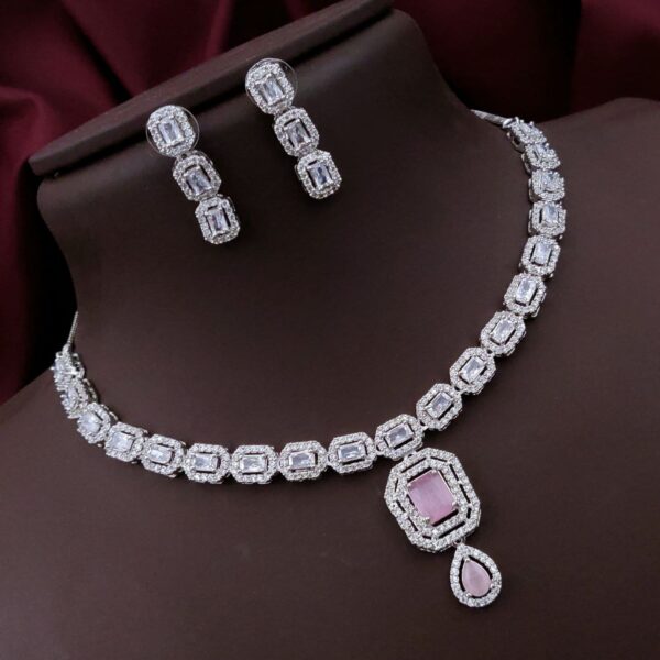 Royal AD Necklace Set with Double Halo Pendant – Light Pink