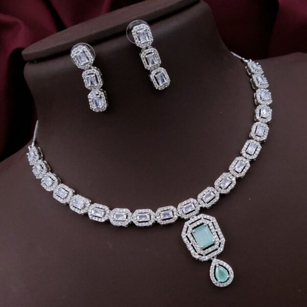 Royal AD Necklace Set with Double Halo Pendant – Mint Green