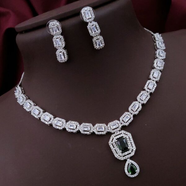 Royal AD Necklace Set with Double Halo Pendant – Royal Green