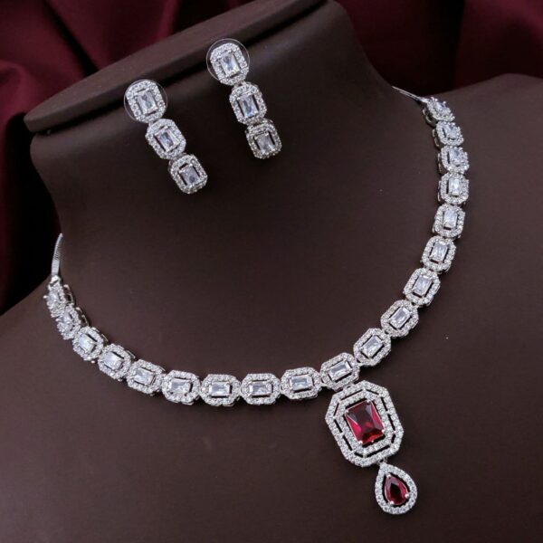 Royal AD Necklace Set with Double Halo Pendant – Ruby Red