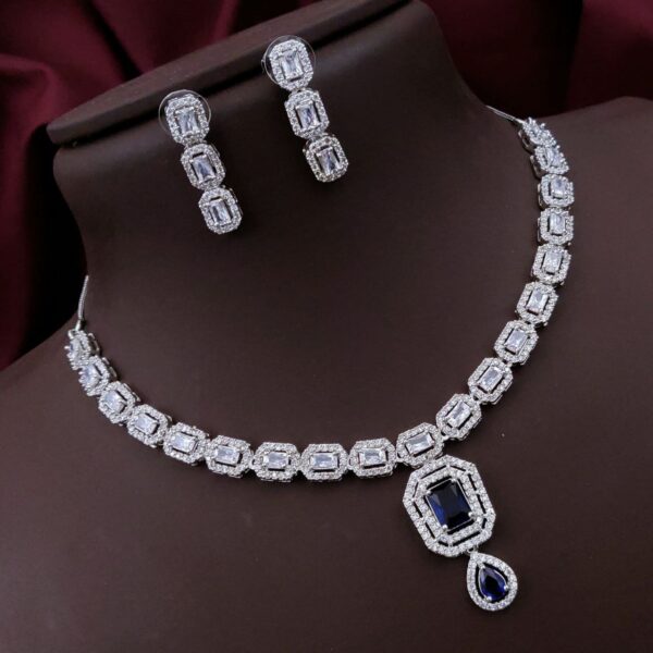Royal AD Necklace Set with Double Halo Pendant – Sapphire Blue